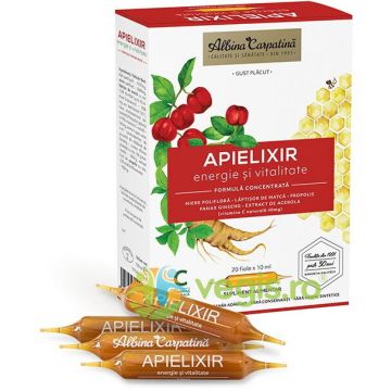 Apielixir Energie si Vitalitate cu Laptisor de Matca, Propolis, Miere, Ginseng Corean si Extract de Acerola 20+10 fiole x 10ml