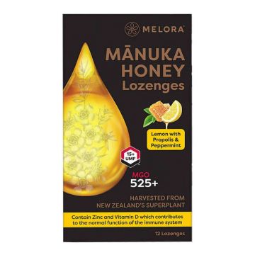 Dropsuri miere de Manuka MGO 525+ (UMF 15+) Melora - lamaie si propolis, 12 buc, 48g, naturale